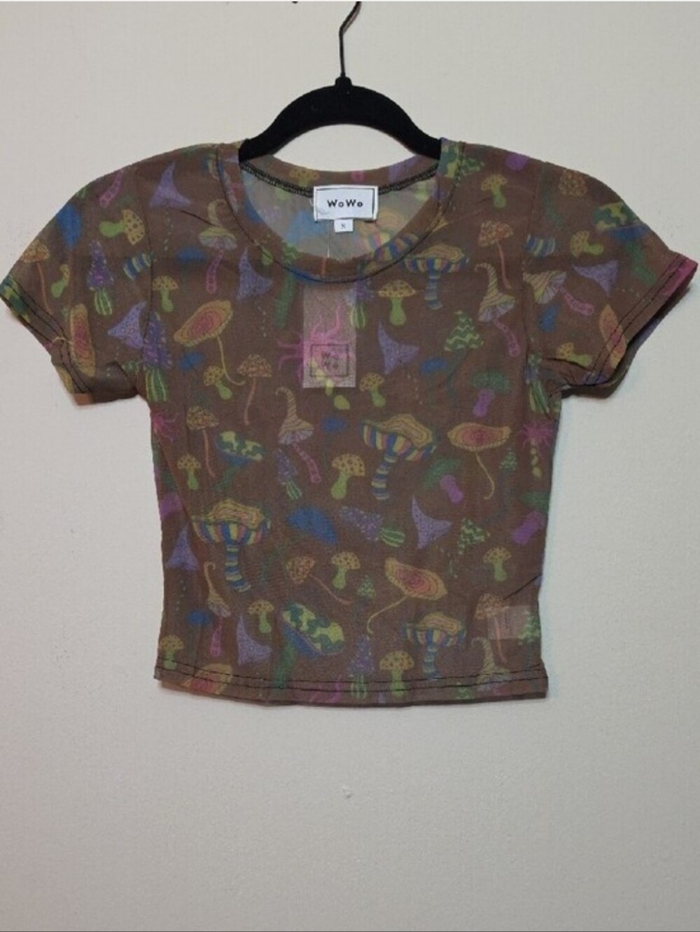 WoWo Brown Sheer Mesh Crop Top With Mushroom Pattern